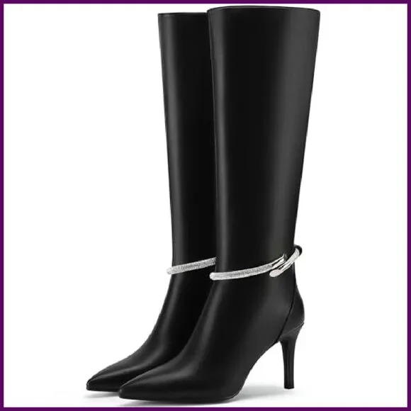 Knee High Stiletto Boots 3.2 Heel Pointed Toe Rhinestone Zipper Dress